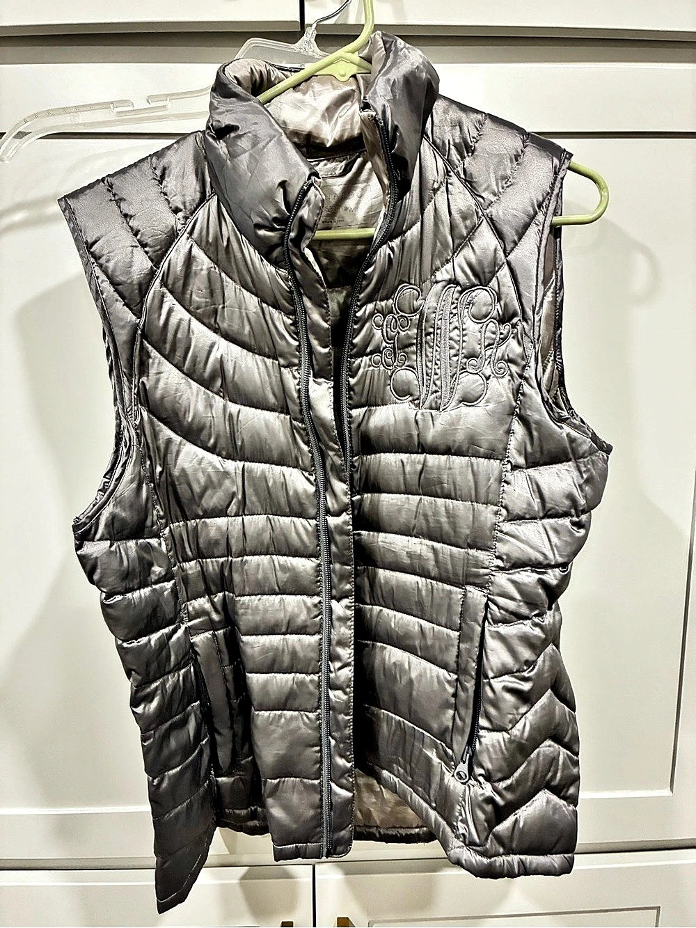 Quilted Puffer Vest in Gray Like New monogrammed tone on tone GWA